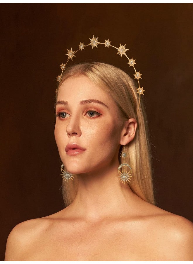 Zivyes Halo Crown Stars Goddess Crown Halo Headband Tiaras And Crowns For Women Boho Bridal Wedding Headpiece (1-Gold Crown With Earrings) - Image 2