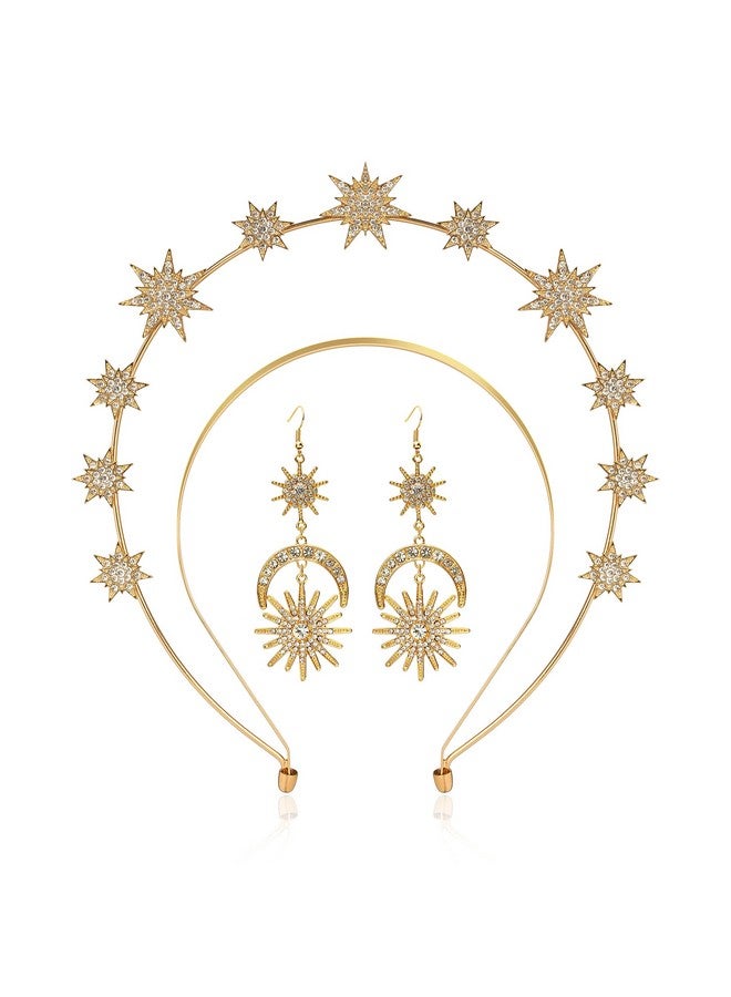 Zivyes Halo Crown Stars Goddess Crown Halo Headband Tiaras And Crowns For Women Boho Bridal Wedding Headpiece (1-Gold Crown With Earrings) - Image 1