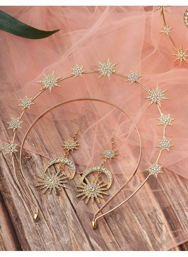 Zivyes Halo Crown Stars Goddess Crown Halo Headband Tiaras And Crowns For Women Boho Bridal Wedding Headpiece (1-Gold Crown With Earrings) - Image 4