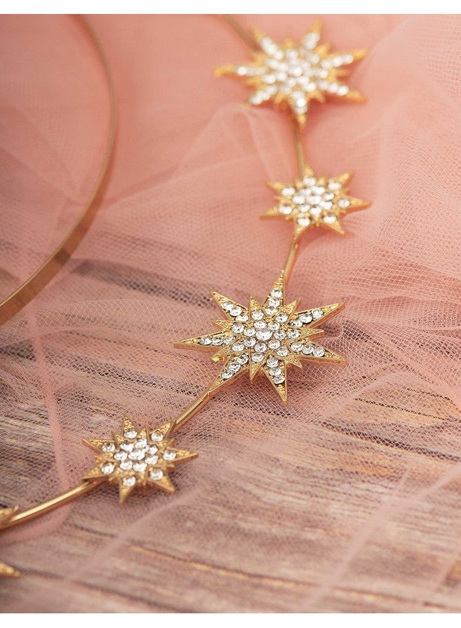Zivyes Halo Crown Stars Goddess Crown Halo Headband Tiaras And Crowns For Women Boho Bridal Wedding Headpiece (1-Gold Crown With Earrings) - Image 5