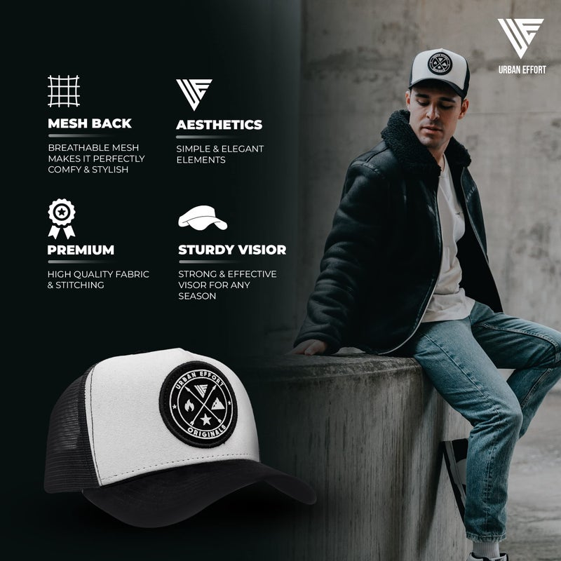 Urban Effort Mesh Back Cap - for Men and Women Baseball Hat 5-Panel Trucker Hat - Great Snapback Closure for Hunting & Hiking (Black/White) - Image 3