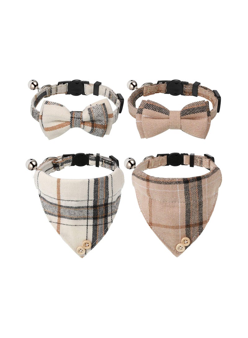 SYOSI 4 Pieces Bow Tie Cat Collar Bandana, Breakaway Pet Collar Bandana with Classic Plaid Adjustable Cat Collar with Scarf and Bowtie, Girl Boy Pet Kitten Collar Bandana with Bell for Cat Puppy Small Dog - Image 1