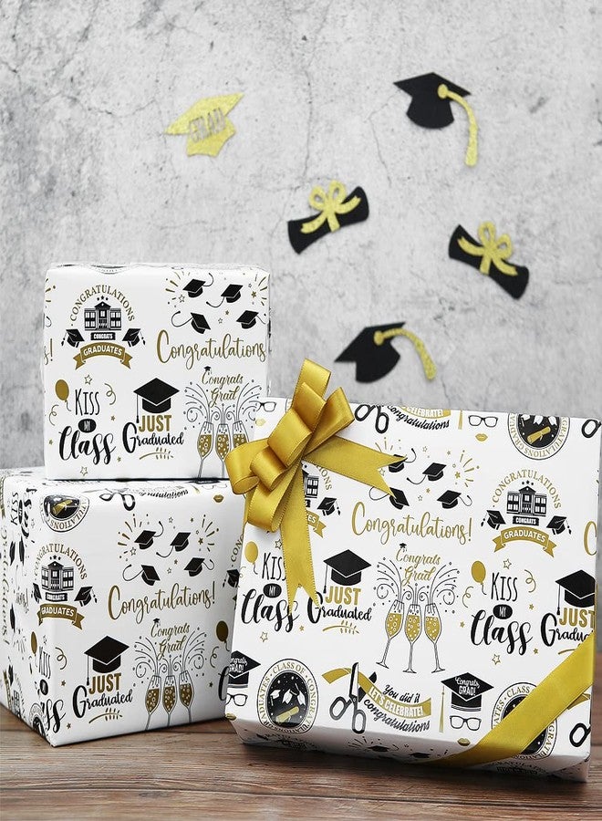 Boerni Graduation Wrapping Paper 2025, 6 Sheets White and Gold Grad Gift Wrap Papers, Flat Wrap 20 x 28 inches per sheet with 1 Roll Gold Ribbon for Ceremony Party Grade Class Celebrations Graduation Supplies Decorations - Image 3