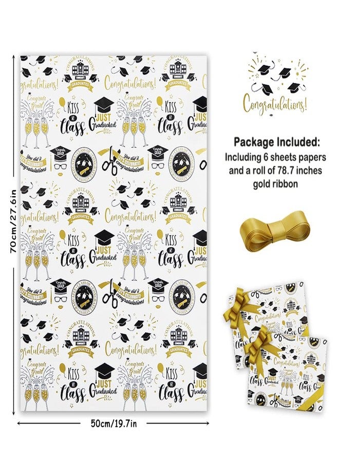 Boerni Graduation Wrapping Paper 2025, 6 Sheets White and Gold Grad Gift Wrap Papers, Flat Wrap 20 x 28 inches per sheet with 1 Roll Gold Ribbon for Ceremony Party Grade Class Celebrations Graduation Supplies Decorations - Image 2