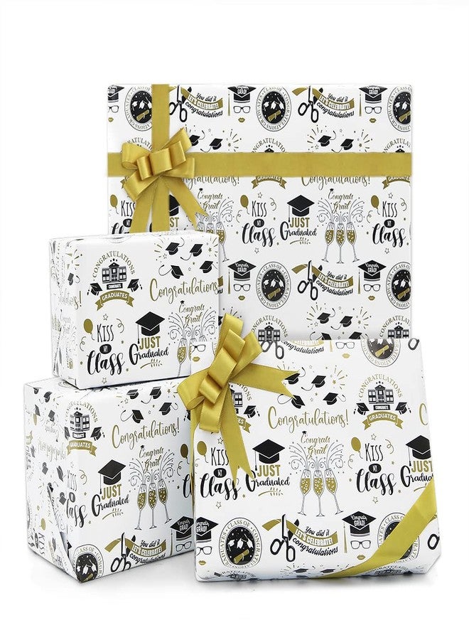 Boerni Graduation Wrapping Paper 2025, 6 Sheets White and Gold Grad Gift Wrap Papers, Flat Wrap 20 x 28 inches per sheet with 1 Roll Gold Ribbon for Ceremony Party Grade Class Celebrations Graduation Supplies Decorations - Image 1