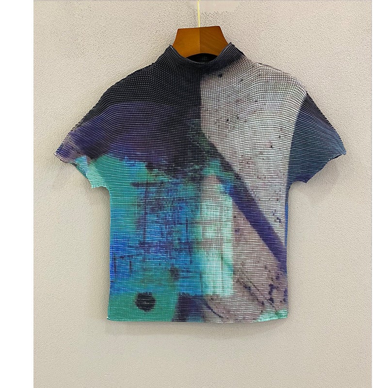 Miyake Printed Pleated Short-Sleeved T-Shirt Women's Summer New Fashionable Design Sense Small Shirt Slim-Fit Top Half-High Collar - Image 1