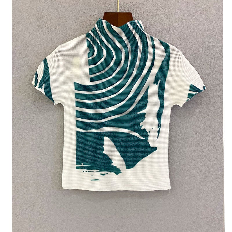 Miyake Printed Pleated Short-Sleeved T-Shirt Women's Summer New Fashionable Design Sense Small Shirt Slim-Fit Top Half-High Collar - Image 3