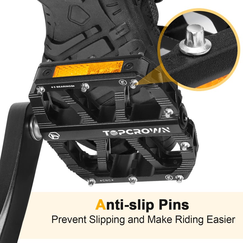 Topcrown Mountain Bike Pedals with Reflectors, Aluminum Metal Bicycle Flat Pedals 9/16" - 3 Sealed Bearings, Non-Slip Wide Platform with Removable Pins for MTB, Road Bike, BMX, Ebike (Black) - Image 5