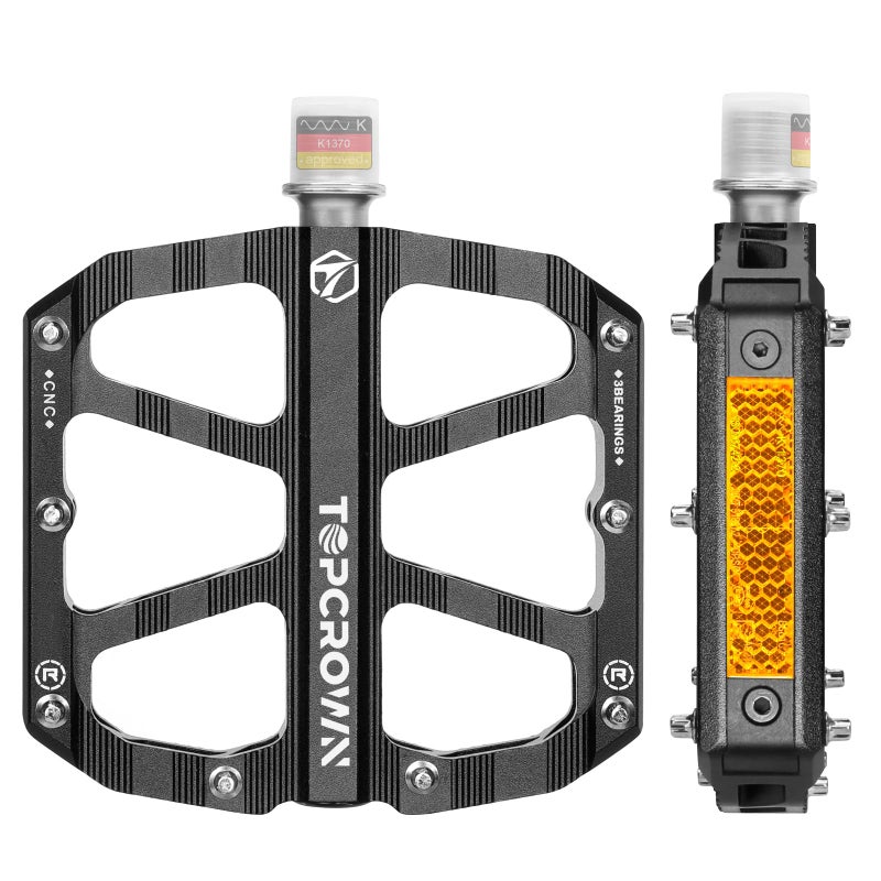 Topcrown Mountain Bike Pedals with Reflectors, Aluminum Metal Bicycle Flat Pedals 9/16" - 3 Sealed Bearings, Non-Slip Wide Platform with Removable Pins for MTB, Road Bike, BMX, Ebike (Black) - Image 1