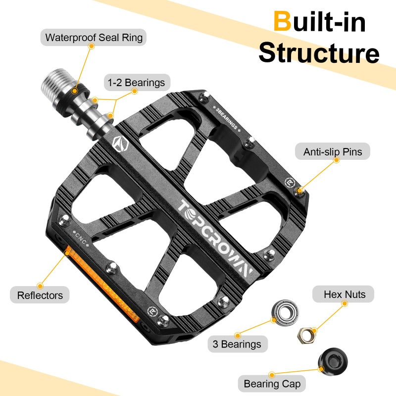 Topcrown Mountain Bike Pedals with Reflectors, Aluminum Metal Bicycle Flat Pedals 9/16" - 3 Sealed Bearings, Non-Slip Wide Platform with Removable Pins for MTB, Road Bike, BMX, Ebike (Black) - Image 2