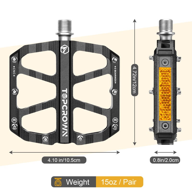 Topcrown Mountain Bike Pedals with Reflectors, Aluminum Metal Bicycle Flat Pedals 9/16" - 3 Sealed Bearings, Non-Slip Wide Platform with Removable Pins for MTB, Road Bike, BMX, Ebike (Black) - Image 4