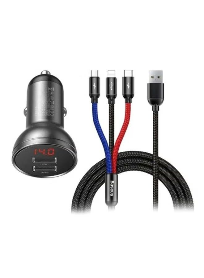Beseus Dual USB Car Charger With 3-In-1 Cable Grey - Image 1