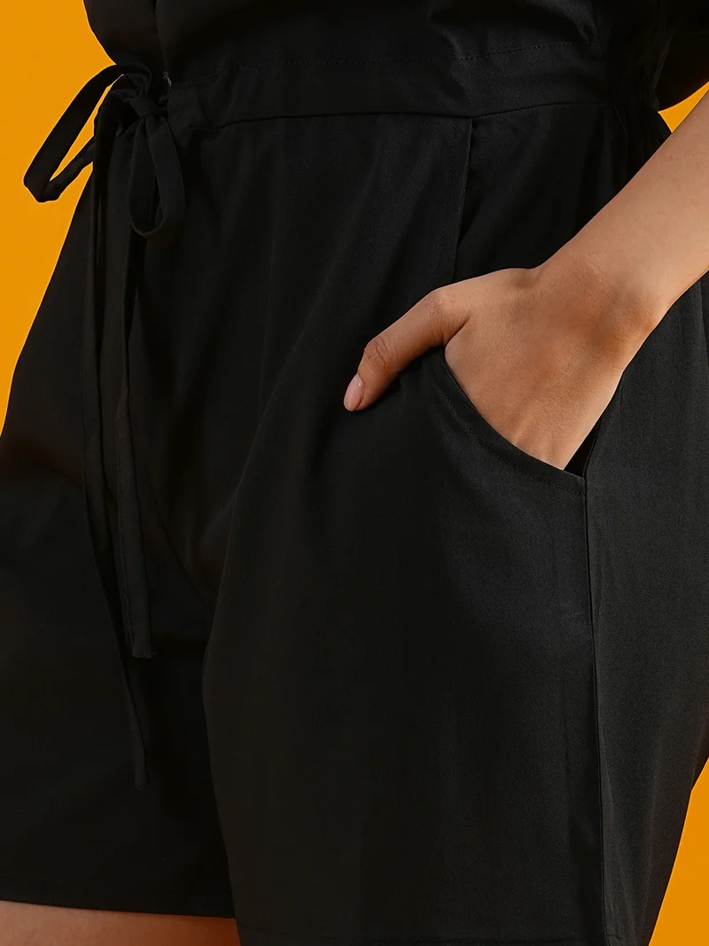 globus Women Notched Lapel Waist Tie-Ups Cargo Pocket Utility Playsuit