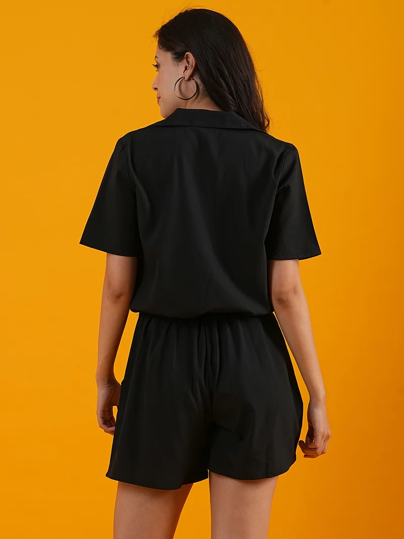 globus Women Notched Lapel Waist Tie-Ups Cargo Pocket Utility Playsuit