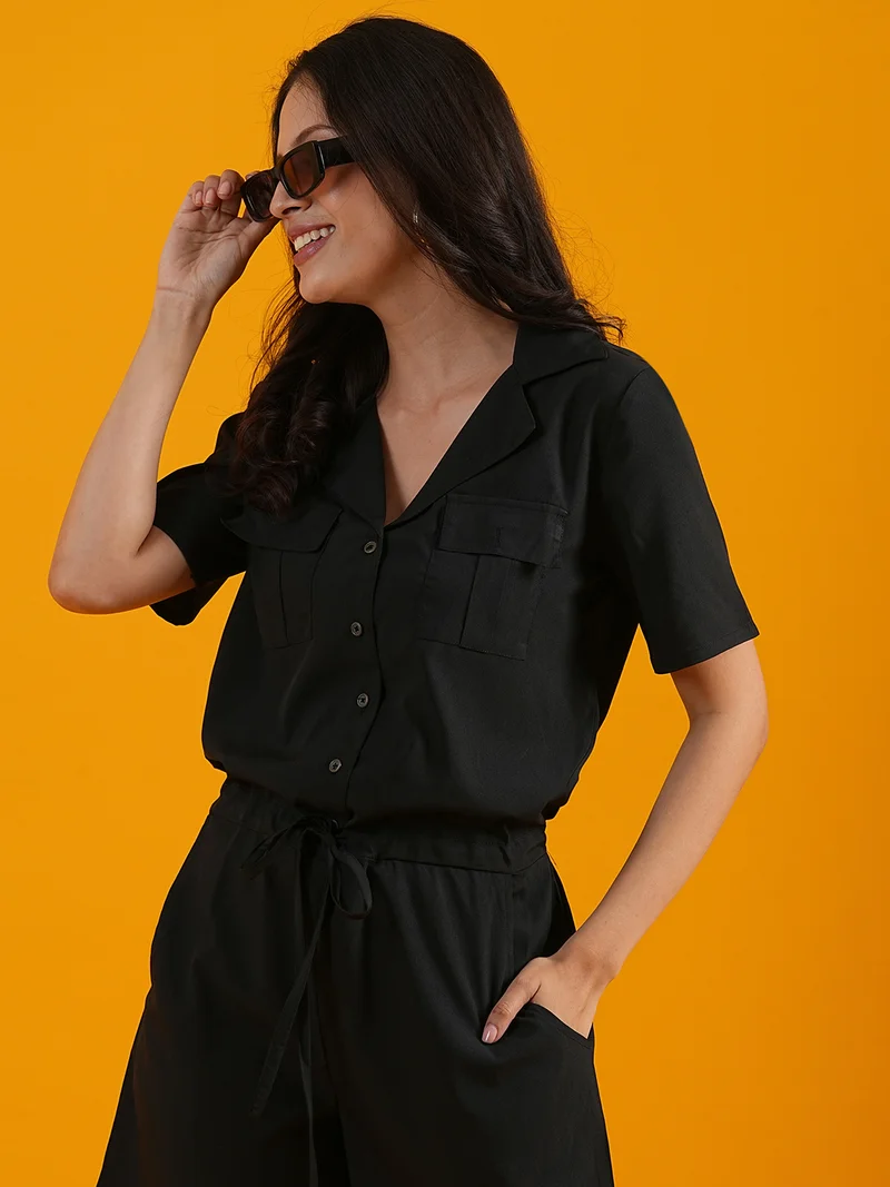 globus Women Notched Lapel Waist Tie-Ups Cargo Pocket Utility Playsuit