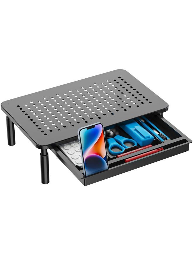 WALI Monitor Stand Riser with Drawer, Computer Desktop Stand Riser with Storage, Height Adjustable (STT003D-2B), 2 Pack, Black - Image 1
