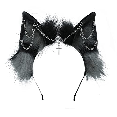 VIGVAN Handmade Wolf Fox Ears Animal Cosplay Cute Head Accessories for Halloween (Chain Grey Black) - Image 3
