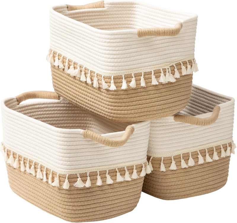 TeoKJ Woven Storage Bin Set of 3, Cotton Rope Basket for Storage, Clothes Boho Basket Bin for Organizing, Fabric Basket for Books, Plants, Pet Treats, White & Jute - Image 1