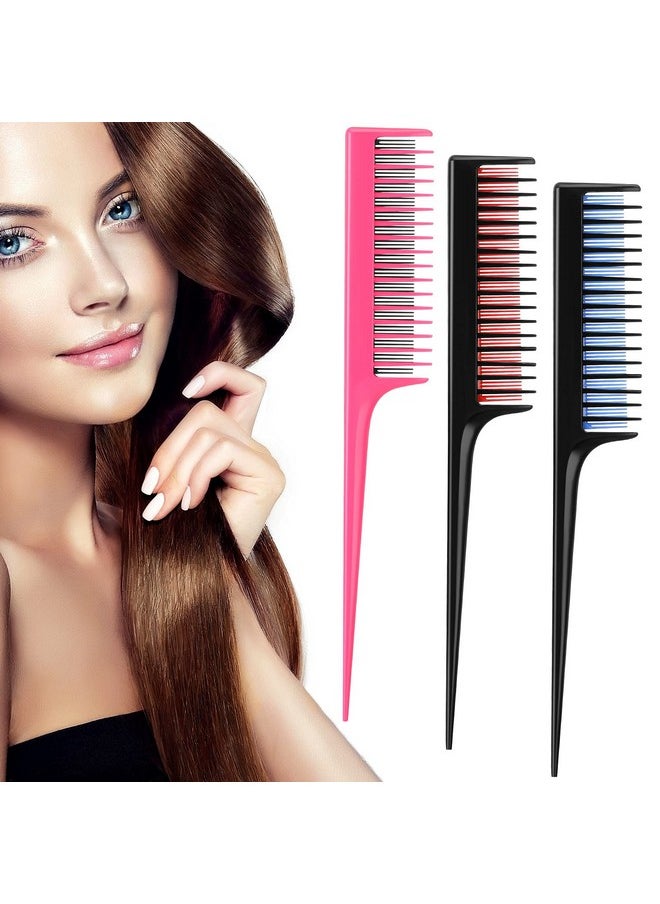 Leinuosen 3 Piece Triple Teasing Comb Rat Tail Tool And Structure Tease Layers Rattail For Women Back Combing Root Adding Volume Evening Styling (Black Red, Black Blue, Pink Black)  - Image 1