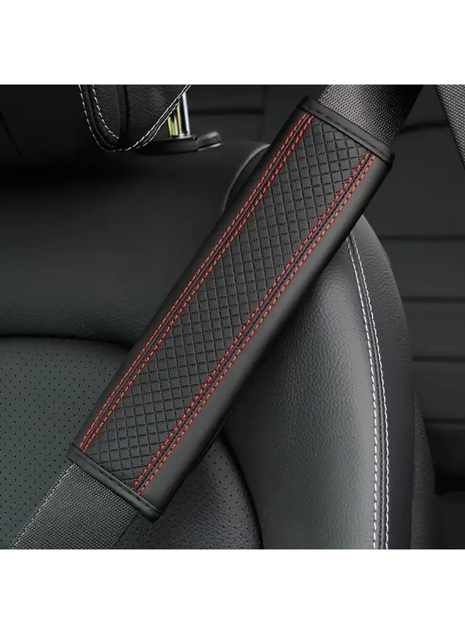 Black Checkered Pattern PU Leather Car Seat Belt Cover Universal Fit Safety Enhancer - Image 3