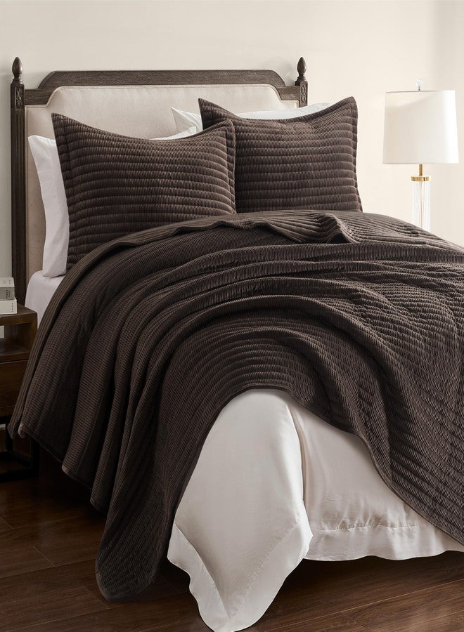 WDCOZY Velvet Queen Size Quilt Set - Chocolate Striped Soft Lightweight Bedspread, Dark Brown Neutral Ribbed Farmhouse Country Rustic Coverlet, Coffee Modern Bedding Warm Thin Comforter, 3 Pieces - Image 2