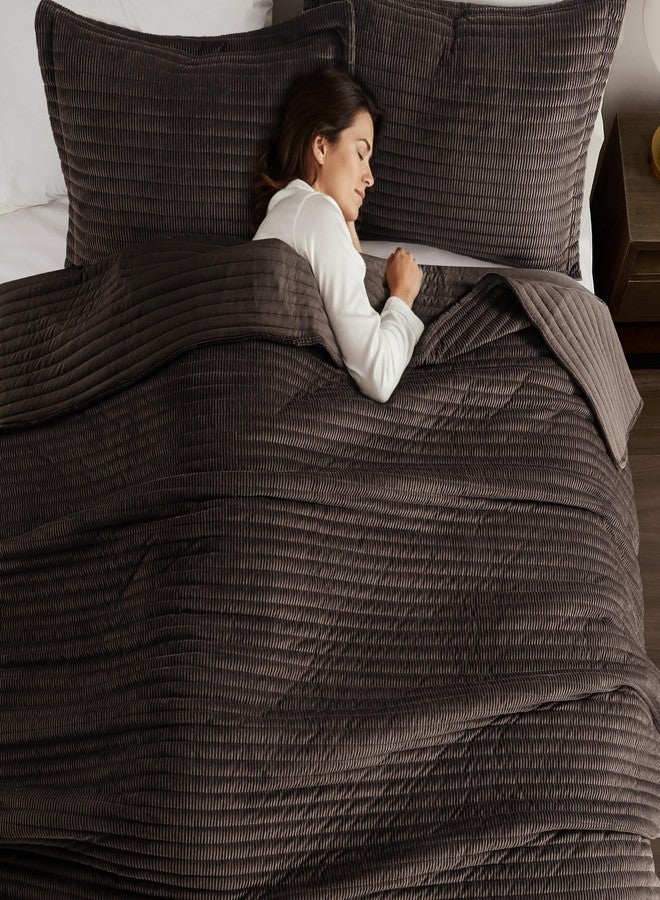 WDCOZY Velvet Queen Size Quilt Set - Chocolate Striped Soft Lightweight Bedspread, Dark Brown Neutral Ribbed Farmhouse Country Rustic Coverlet, Coffee Modern Bedding Warm Thin Comforter, 3 Pieces - Image 4