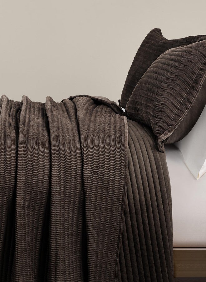 WDCOZY Velvet Queen Size Quilt Set - Chocolate Striped Soft Lightweight Bedspread, Dark Brown Neutral Ribbed Farmhouse Country Rustic Coverlet, Coffee Modern Bedding Warm Thin Comforter, 3 Pieces - Image 3