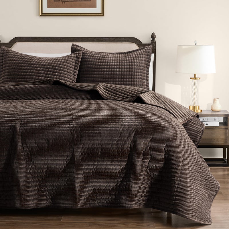 WDCOZY Velvet Queen Size Quilt Set - Chocolate Striped Soft Lightweight Bedspread, Dark Brown Neutral Ribbed Farmhouse Country Rustic Coverlet, Coffee Modern Bedding Warm Thin Comforter, 3 Pieces - Image 1