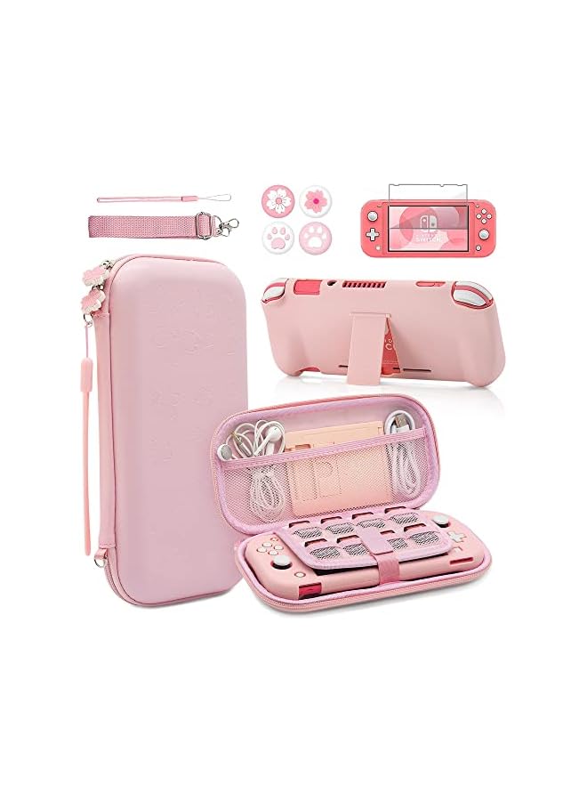 erorex Pink Travel Carrying Case Accessories Kit for Switch Lite, Hard Protective Cover Skin Shell with Stand, Glass Screen Protector, Thumb Grip Caps 9 in 1 - Image 1