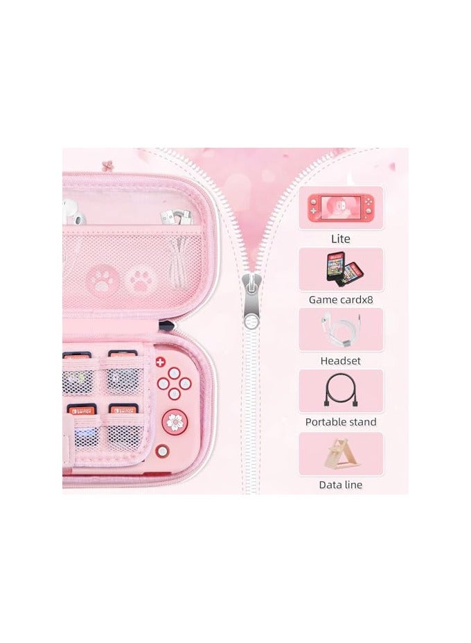 erorex Pink Travel Carrying Case Accessories Kit for Switch Lite, Hard Protective Cover Skin Shell with Stand, Glass Screen Protector, Thumb Grip Caps 9 in 1 - Image 2