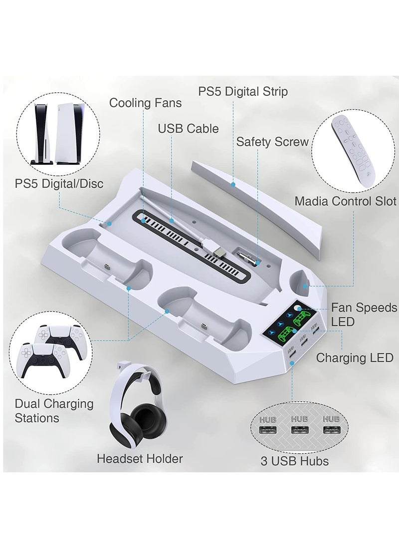 XICEN - Multifunctional Cooling Stand for PS5 Digital Edition / PS5 Disc Version, With  Dual Controller Charging Station, PS5 Cooling Fan with Headset Holder and 3 Adjustable Fan Speeds - Image 1