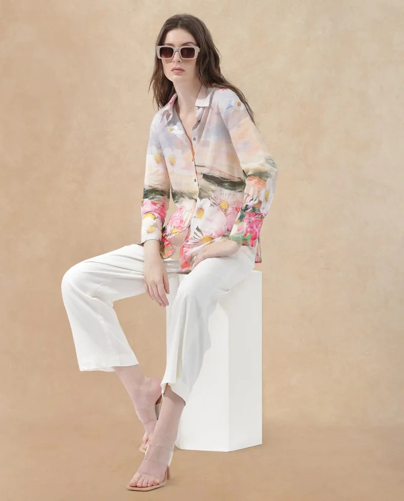 Rareism Rareism Women Cyno Multi Cotton Fabric Full Sleeve Collared Neck Floral Print Regular Length Shirt