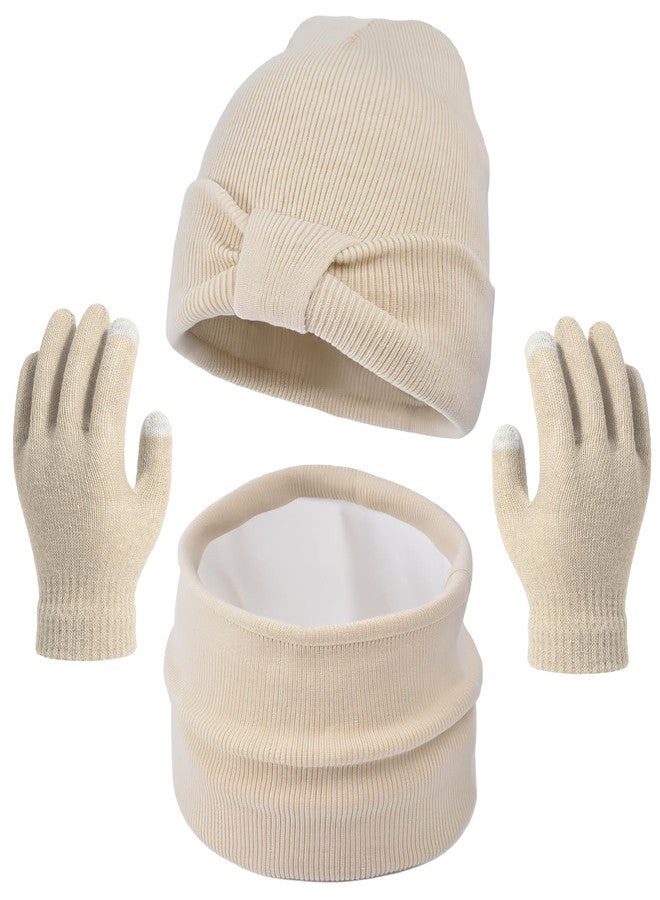 KMOLY Kids Winter Beanie Hat Scarf Gloves Set for Girls Boys Age 3-10,Cute Bow Cuffed Knitted Hat Neck Scarf with Fleece lined (Creamy White) - Image 1