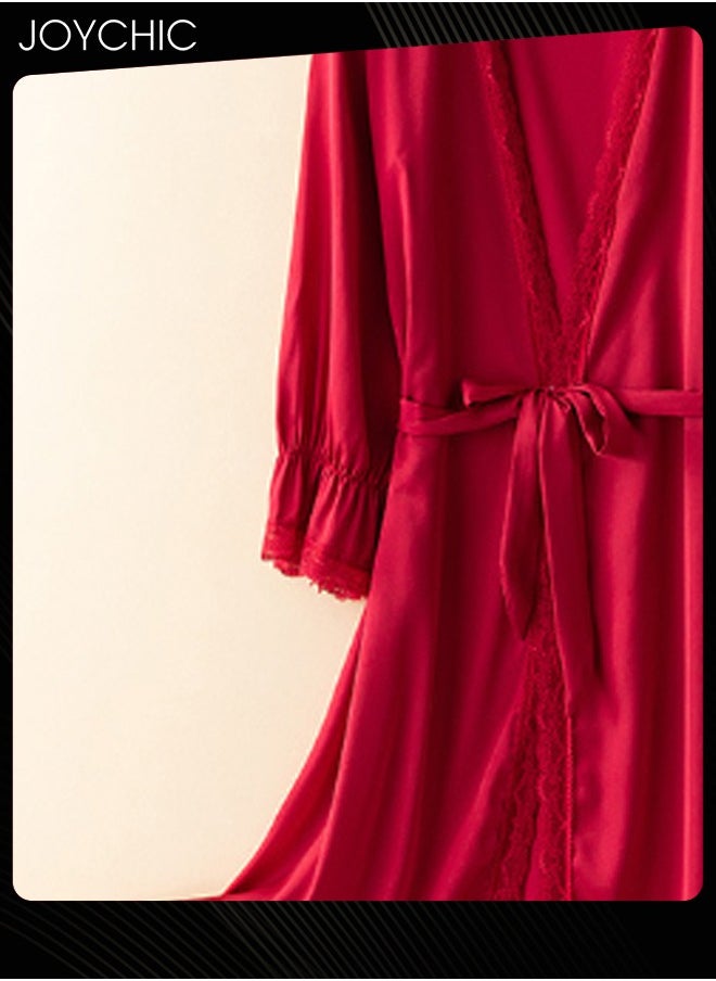 Joychic - 2-piece of Pajamas for Women Spring and Summer Autumn Ice Silk Mid-length Long-sleeved Sleep Robes+ Night Dress  V-neck Breathable Nightgown Wine Red - Image 1