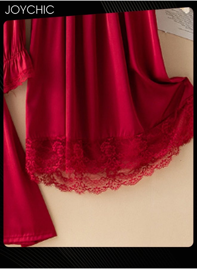 Joychic - 2-piece of Pajamas for Women Spring and Summer Autumn Ice Silk Mid-length Long-sleeved Sleep Robes+ Night Dress  V-neck Breathable Nightgown Wine Red - Image 1