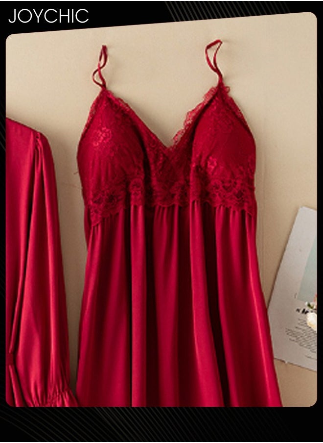 Joychic - 2-piece of Pajamas for Women Spring and Summer Autumn Ice Silk Mid-length Long-sleeved Sleep Robes+ Night Dress  V-neck Breathable Nightgown Wine Red - Image 1