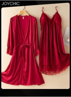 2-piece of Pajamas for Women Spring and Summer Autumn Ice Silk Mid-length Long-sleeved Sleep Robes+ Night Dress  V-neck Breathable Nightgown Wine Red