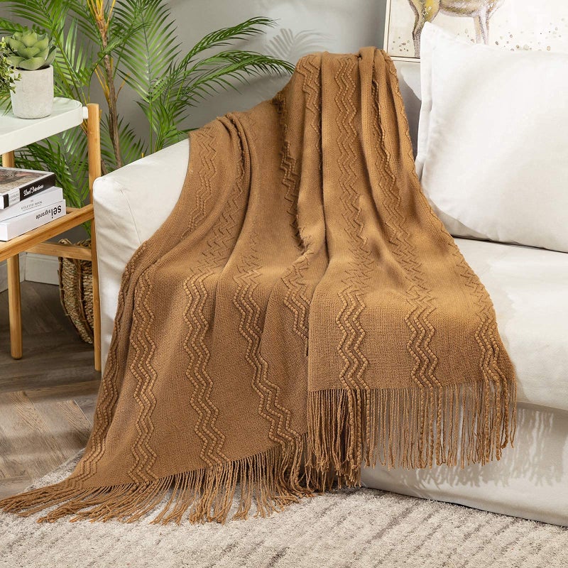 ميولي Miulee Brown Throw Throw بطانية للأريكة Boho Decor Dick متماسكة البطانيات في الهواء الطلق الحجم مع شرابات مريحة منسوجة لأريكة Home Chair Pattern 50 "x 60" "بوصة" - Image 1