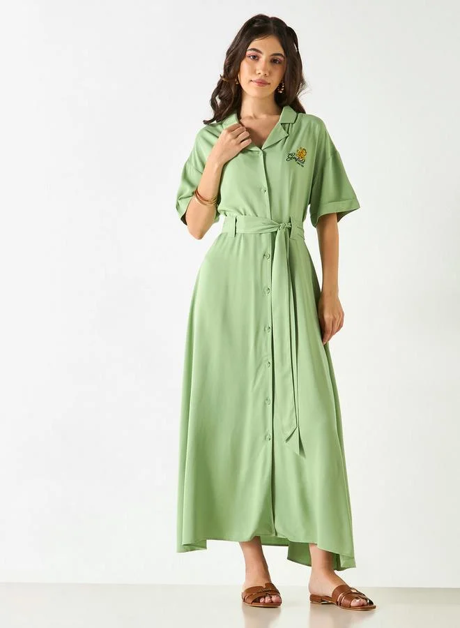 SP Characters Garfield Embroidered Shirt Dress with Belt and Short Sleeves