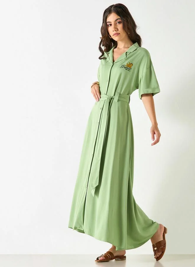 SP Characters Garfield Embroidered Shirt Dress with Belt and Short Sleeves