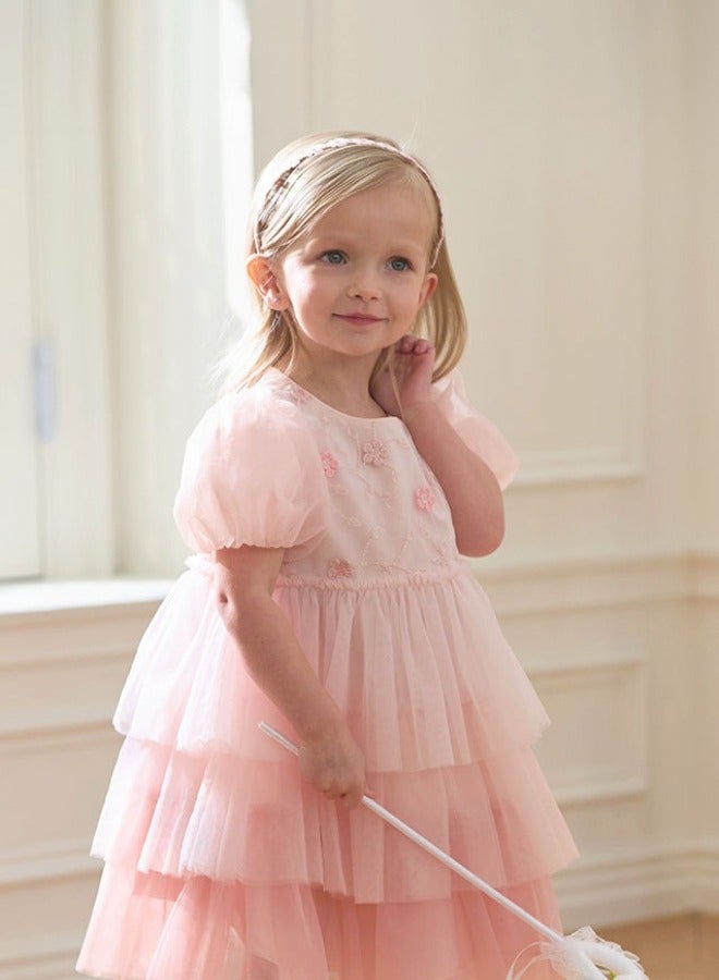 Dave & Bella Girls Layered Tulle Dress with Floral Embellishments - Image 1