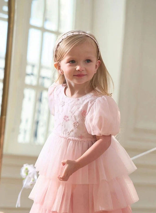 Dave & Bella Girls Layered Tulle Dress with Floral Embellishments