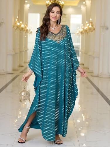 RanRui Women's Embroidered Kaftan Dresses Beach Blouse Cotton Gold Embroidered Holiday Robe (8782-0, One Size) - Image 2