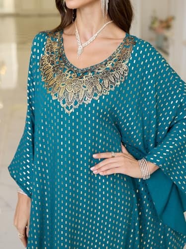 RanRui Women's Embroidered Kaftan Dresses Beach Blouse Cotton Gold Embroidered Holiday Robe (8782-0, One Size) - Image 4