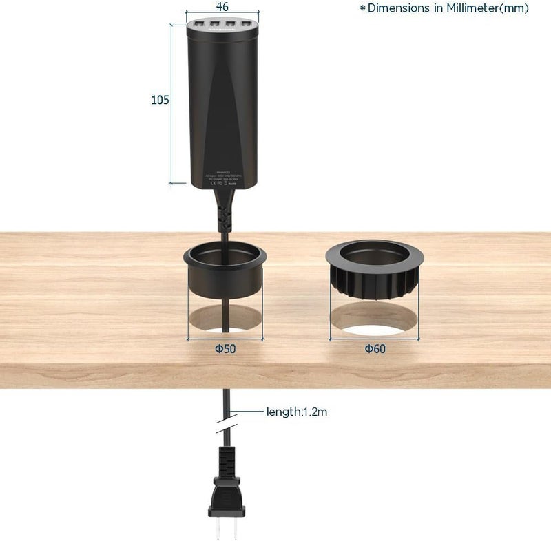 Simpeak 30W 4Port USB Desk Charger Desktop Charging Station Mounts on The 2024 Grommet Hole with Power Cable Match 2pcs GrommetC51 Black - Image 2