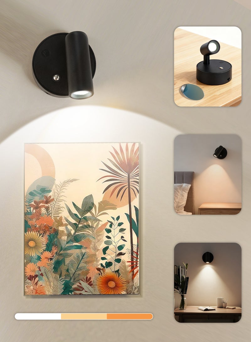 نكومي مصباح حائط LED، مصباح مثبت على الحائط بثلاث درجات حرارة للألوان، وظيفة دوران 360 درجة قابلة للتعتيم، مصباح قراءة قابل لإعادة الشحن لغرفة المعيشة وغرفة النوم والممر والطاولة الجانبية (أسود) - Image 1
