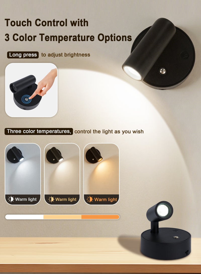 نكومي مصباح حائط LED، مصباح مثبت على الحائط بثلاث درجات حرارة للألوان، وظيفة دوران 360 درجة قابلة للتعتيم، مصباح قراءة قابل لإعادة الشحن لغرفة المعيشة وغرفة النوم والممر والطاولة الجانبية (أسود) - Image 2