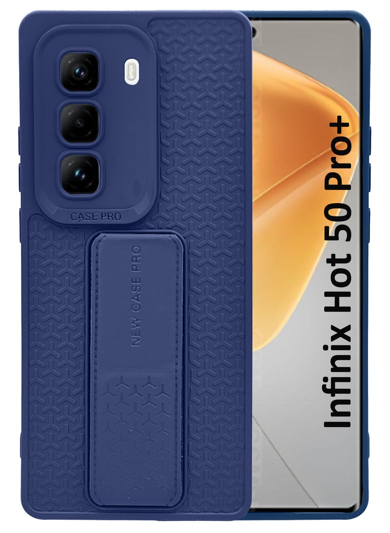 For Infinix Hot 50 Pro Plus - Semi Soft Silicone Magnetic Back Stand Case  With Foldable Kickstand  Finger Strap  - Blue