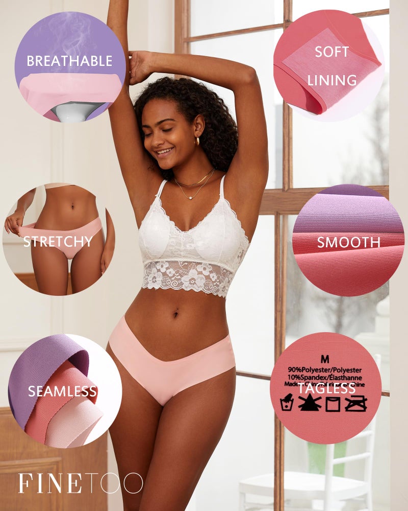 FINETOO Womenâ€™s Seamless Underwear Soft Stretch Briefs Invisibles Hipster V Cut cheeky No Show Bikini Panties 5 pack XS-L (M) - Image 4