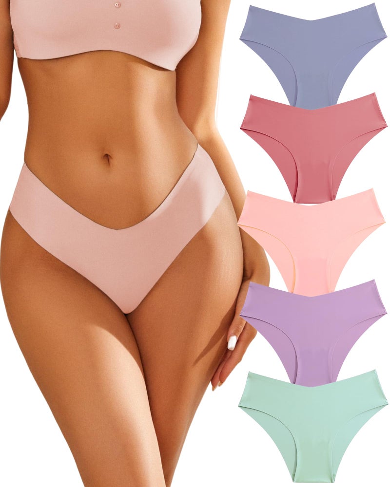 FINETOO Womenâ€™s Seamless Underwear Soft Stretch Briefs Invisibles Hipster V Cut cheeky No Show Bikini Panties 5 pack XS-L (M) - Image 1